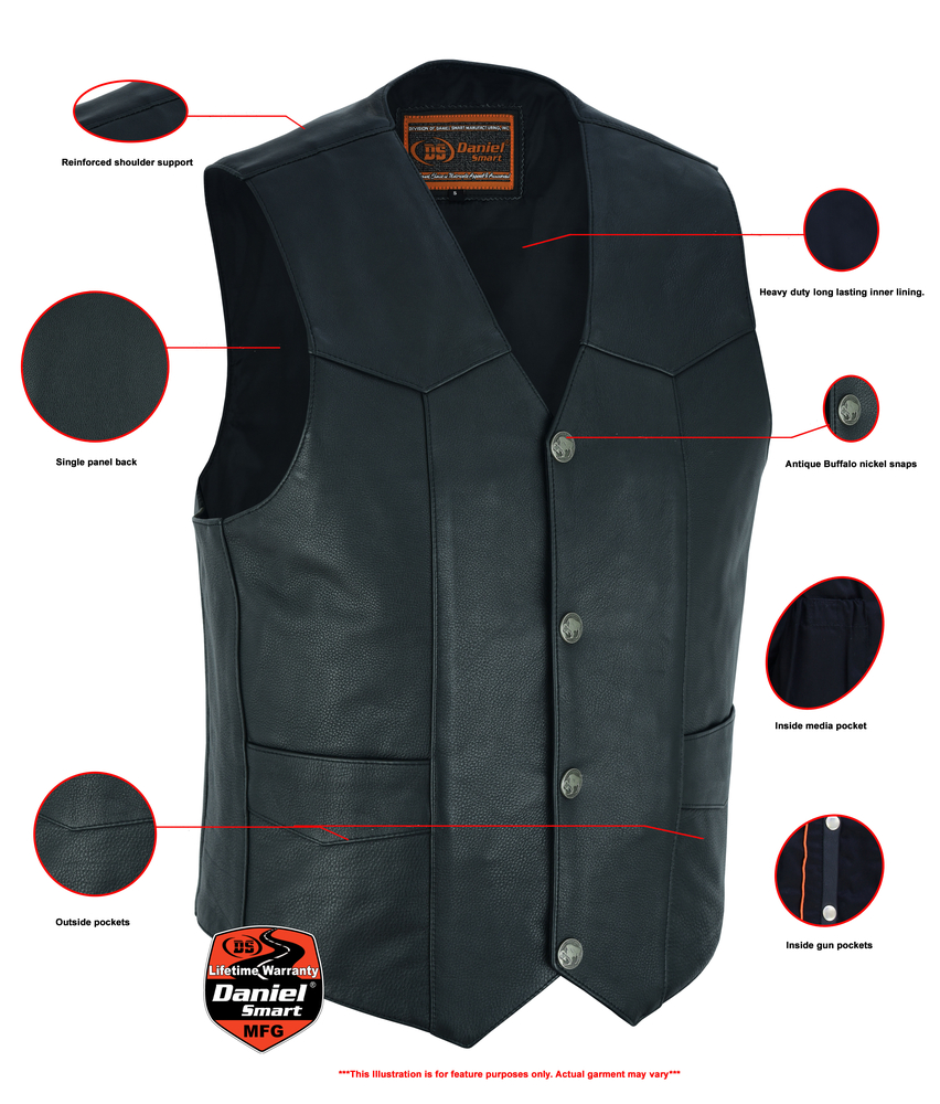 DS115 Men's Single Back Panel Concealed Carry Vest | Men's Leather Vests
