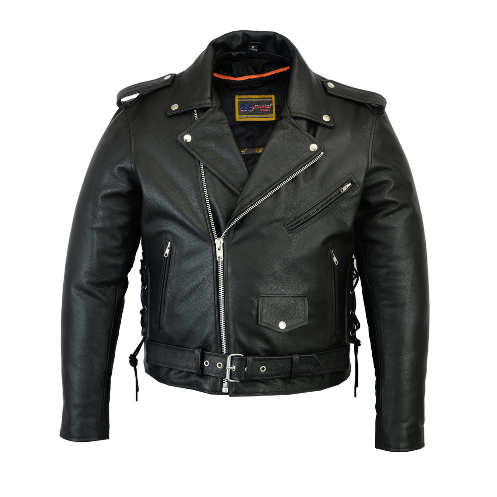 Men's Classic Side Lace Police Style Motorcycle Biker Leather Jacket ...