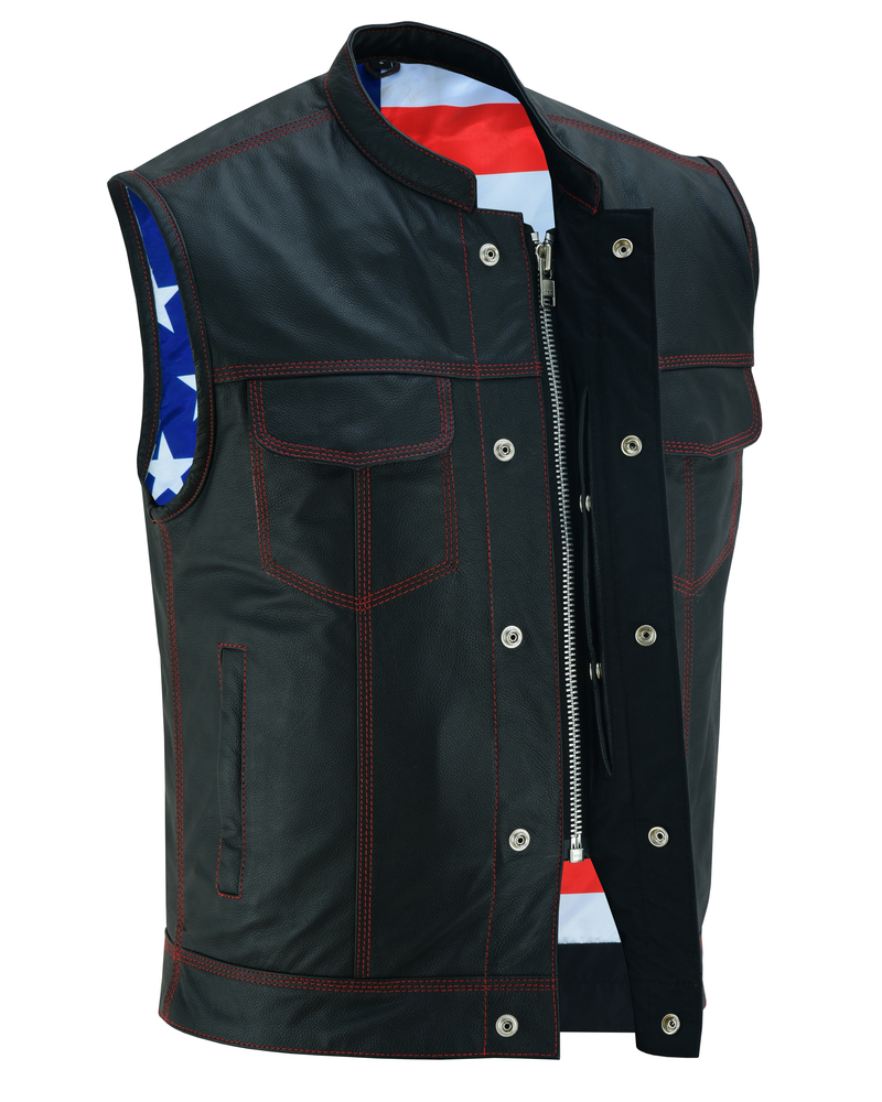 DS165 MENS LEATHER VEST WITH RED STITCHING AND USA INSIDE FLAG LINING ...