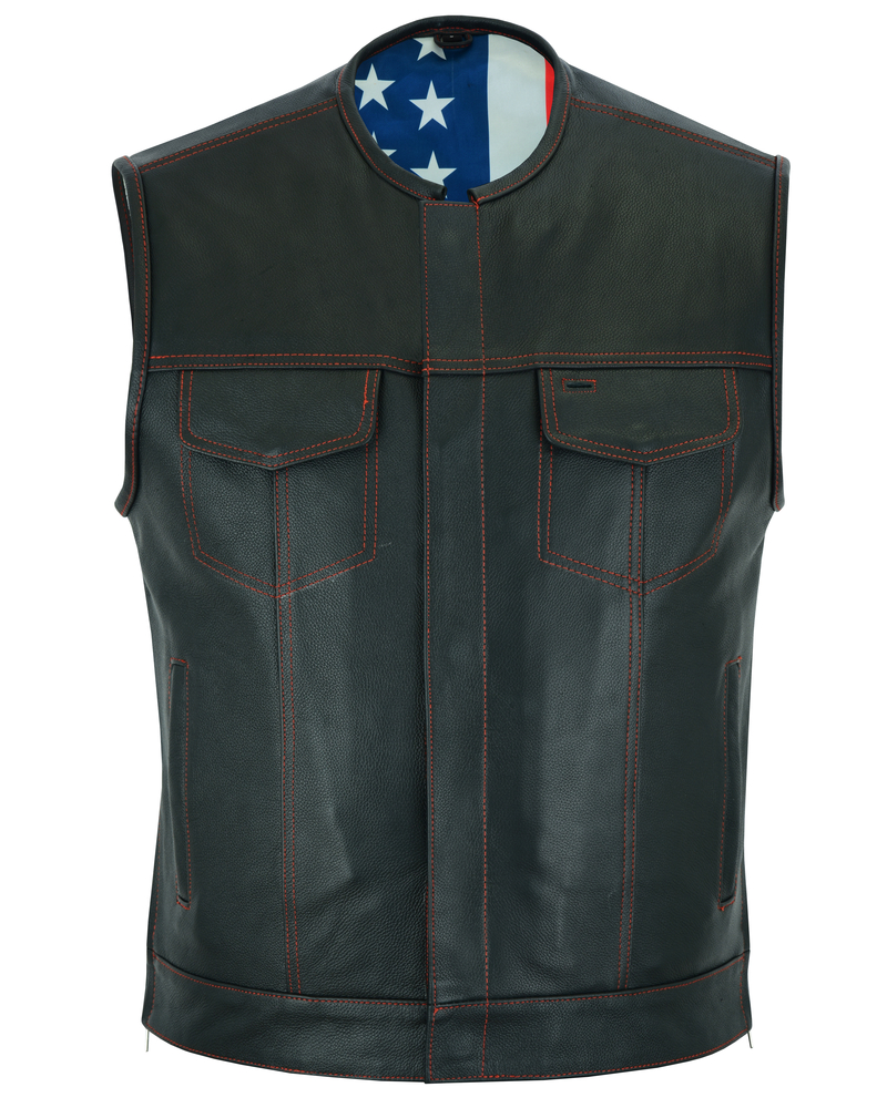 DS155 Mens Leather Vest with Red Stitching and USA Inside Flag Lining ...