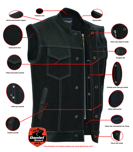 DM900 Mens Leather/Denim Combo Vest | Men's Denim Vests
