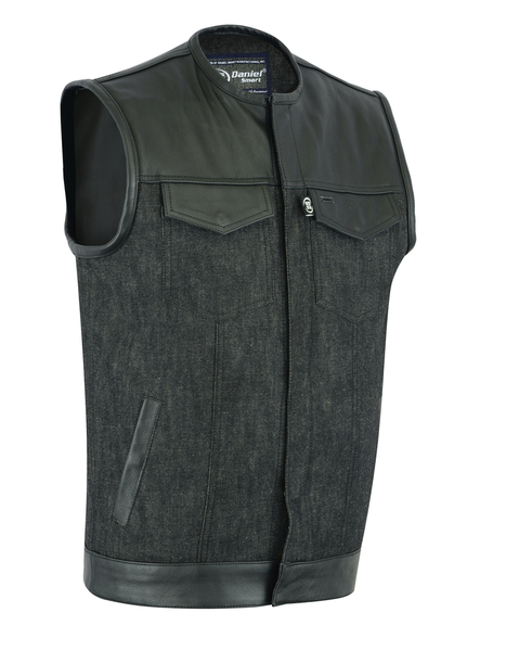 DM901   Men’s Leather/Denim Combo Vest Without Collar | Men's Denim Vests