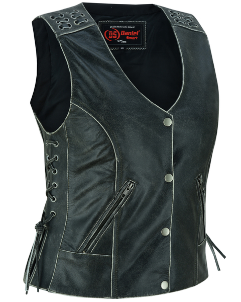 DS285V Women’s Gray Vest with Grommet and Lacing Accents | Women's Leather Vests
