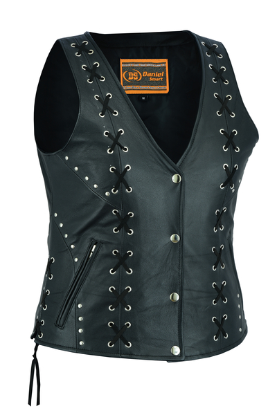 DS234 Women’s Open neck Vest with Lacing Details | Women's Leather Vests