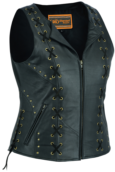 DS233 Women’s Zippered Vest with Lacing Details | Women's Leather Vests