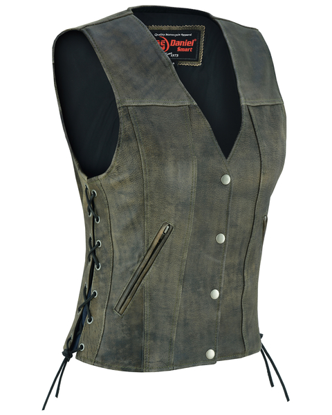 DS207 Women's Antique Brown Single Back Panel Concealed Carry Vest | Women's Leather Vests