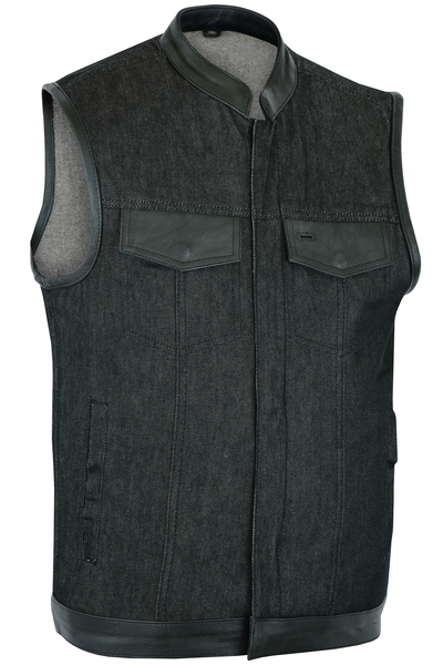 DM962 Men’s Rough Rub-Off Raw Finish Denim Vest W/Leather Trim - Scoop Collar | Men's Denim Vests