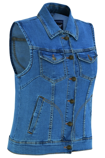 DM943  Women's Blue Denim Snap Front Vest | Women's Denim Vests