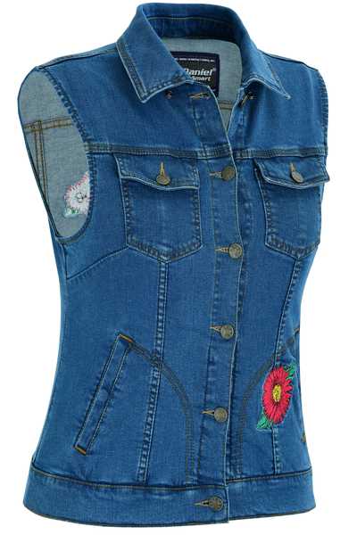 DM944 Women's Blue Denim Snap Front Vest with Red Daisy | Women's Denim Vests