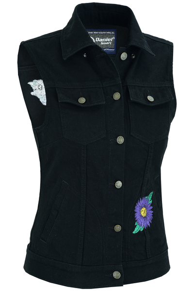 DM945 Women's Black Denim Snap Front Vest with Purple Daisy | Women's Denim Vests