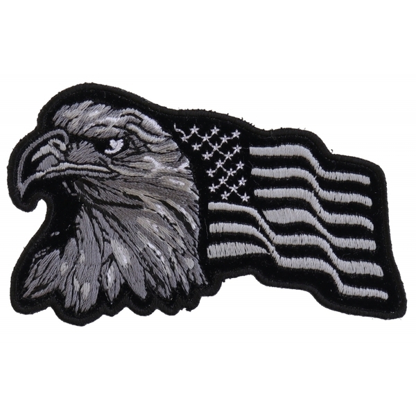 P3960 Eagle With Waving Flag Black Silver Patriotic Iron on Patch | Patches