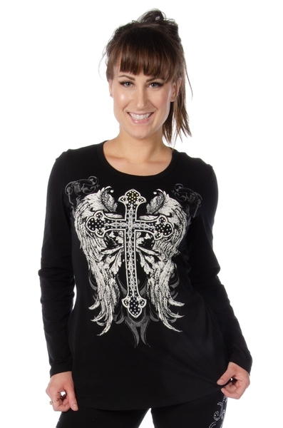 7299 Long Sleeve V-Neck with Cross and Wings | Women's Shirts