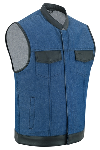 DM961 Mens Broken Blue RoughRub-Off Raw Finish Denim Vest W/Leather Trim- Scoop | Men's Denim Vests