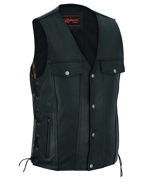 DS124 Men’s Black Leather Vest with Side Laces and Gun Pockets | Men's Leather Vests