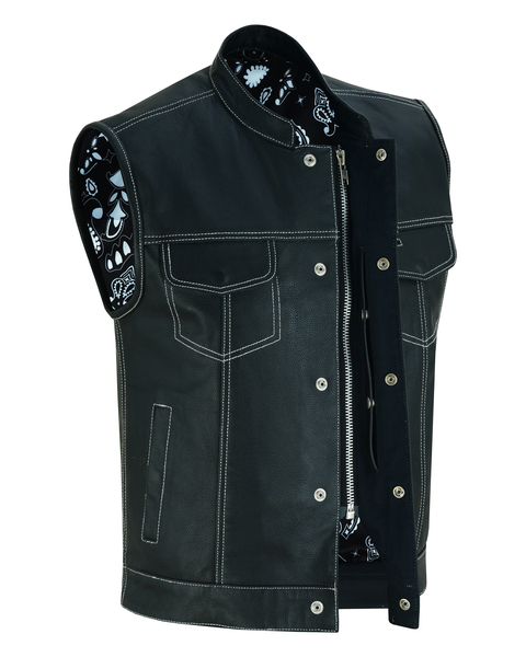 DS164 Men’s Paisley Black Leather Motorcycle Vest with White Stitching | Men's Leather Vests