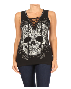 2225 BLACK Baroque Skull Graphic Tank Top | Women's Shirts