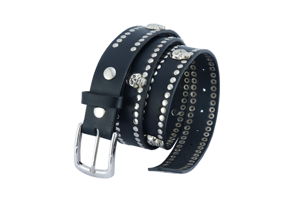 BLT2018 Black Leather Belt with Silver Studs and Skulls | Biker Accessories