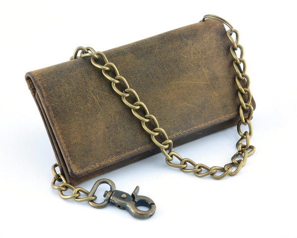 BWC233 Distressed Brown Leather Long Tri-Fold Biker Wallet | Wallets