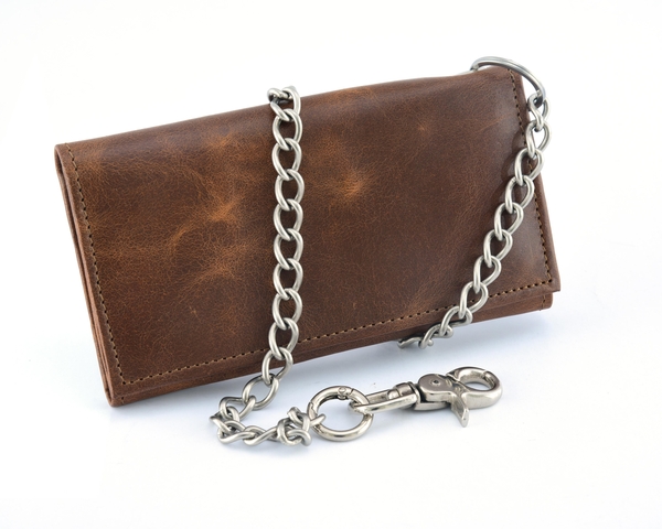 BWC234 Brown Long Tri-Fold Biker Leather Chain Wallet | Wallets