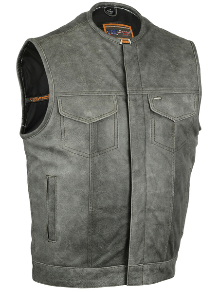 DS191V Concealed Snaps, Premium Naked Cowhide, Hidden Zipper, w/o Collar - Gray | Men's Leather Vests