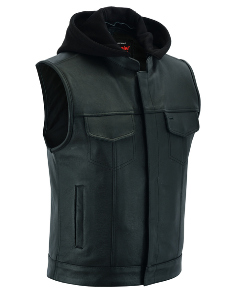 DS182 Concealed Snaps, Premium Naked Cowhide, Removable Hood & Hidden Zipper | Men's Leather Vests