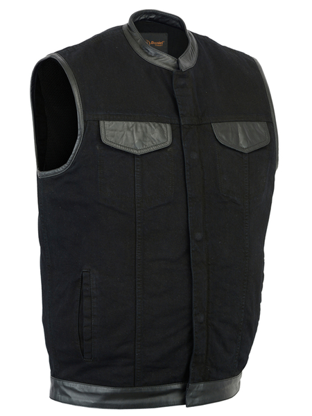 DM992 Men's Black Denim Single Panel Concealment Vest W/ Leather Trim | Men's Denim Vests