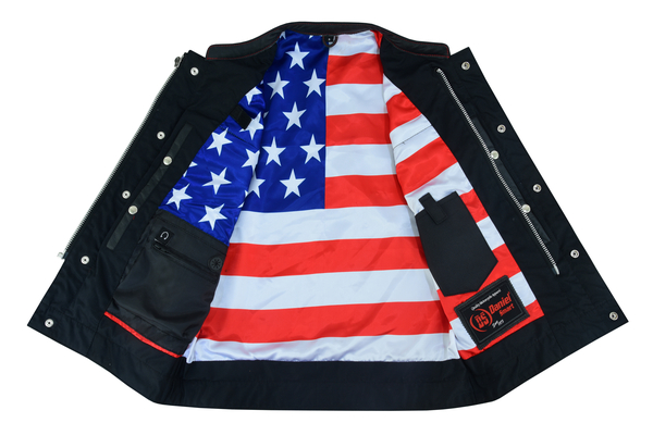 DS165 MENS LEATHER VEST WITH RED STITCHING AND USA INSIDE FLAG LINING ...