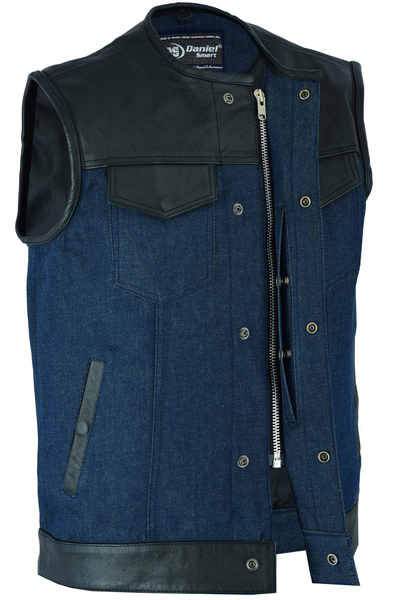 DM933 Mens Leather/Denim Combo Vest (Black/Broken Blue) | Men's Denim Vests