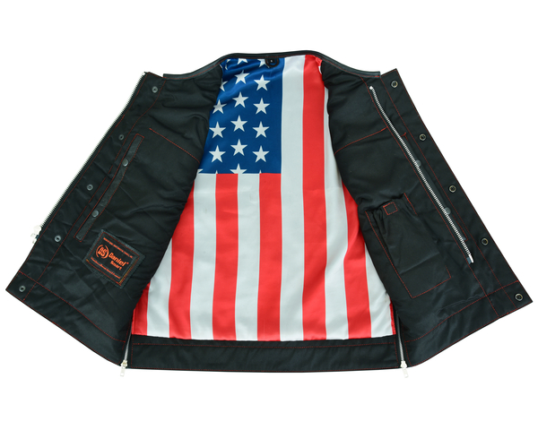 DS155 Mens Leather Vest with Red Stitching and USA Inside Flag Lining ...