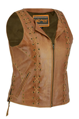 DS236 Women’s Brown Zippered Vest with Lacing Details