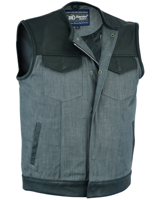 DM934 Men’s Perforated Leather/Denim Combo Vest (Black/ Ash Gray)