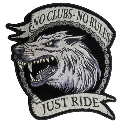 PL6138 No Clubs No Rules Just Ride Wolf Embroidered Iron on Biker Back Patch
