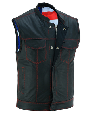 DS165 MEN’S LEATHER VEST WITH RED STITCHING AND USA INSIDE FLAG LINING WITH SCOO